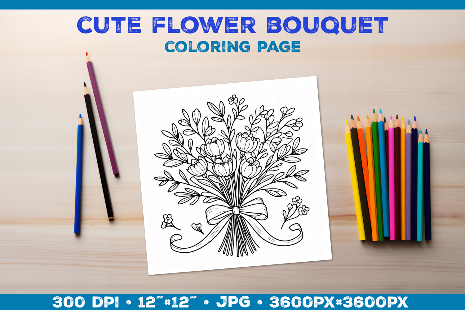 Spring floral bouquet coloring page. Kids coloring book product image 1
