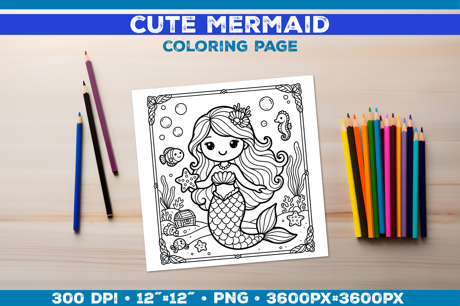 Mermaid Printable Coloring Page. Mermaid Coloring Book product image 1