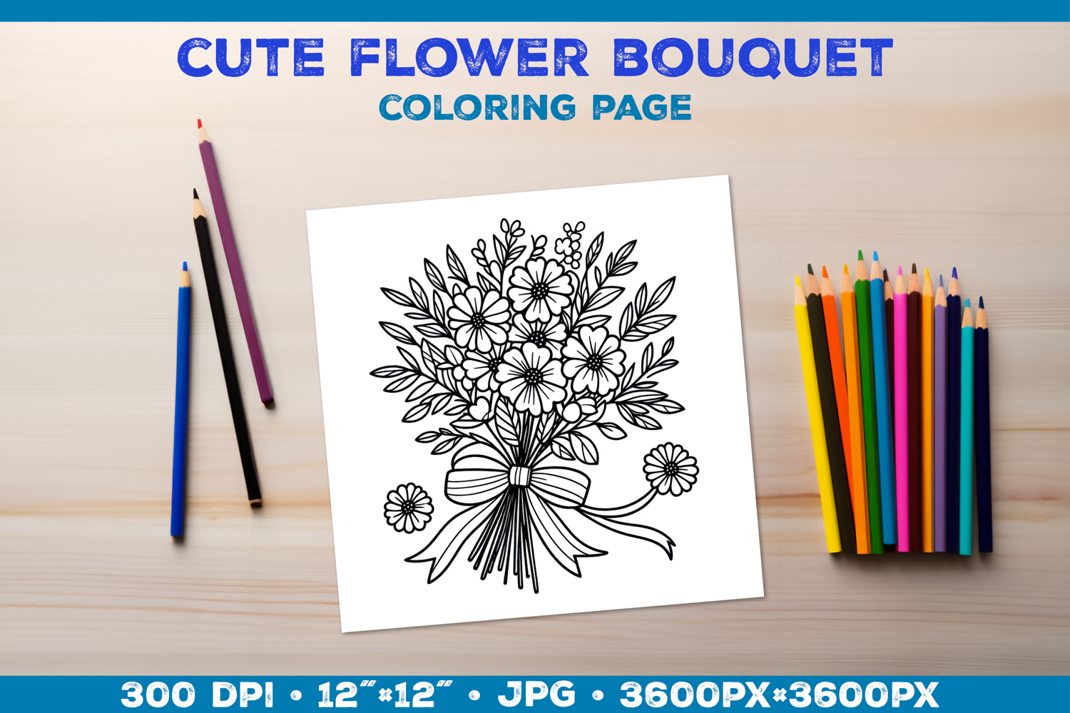 Spring floral bouquet coloring page. Kids coloring book product image 1