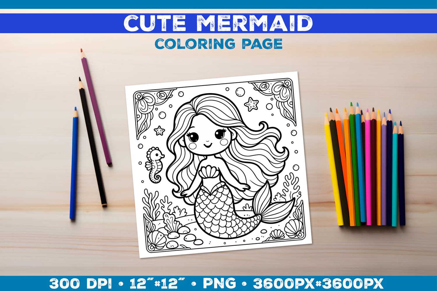 Mermaid Printable Coloring Page. Mermaid Coloring Book product image 1