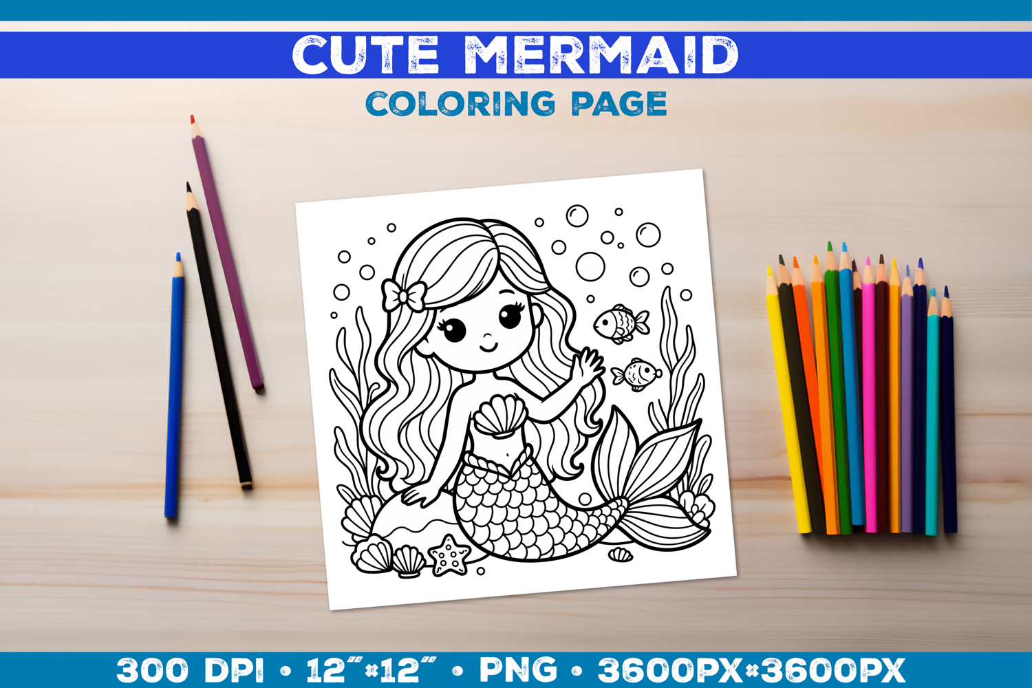 Mermaid Printable Coloring Page. Mermaid Coloring Book product image 1
