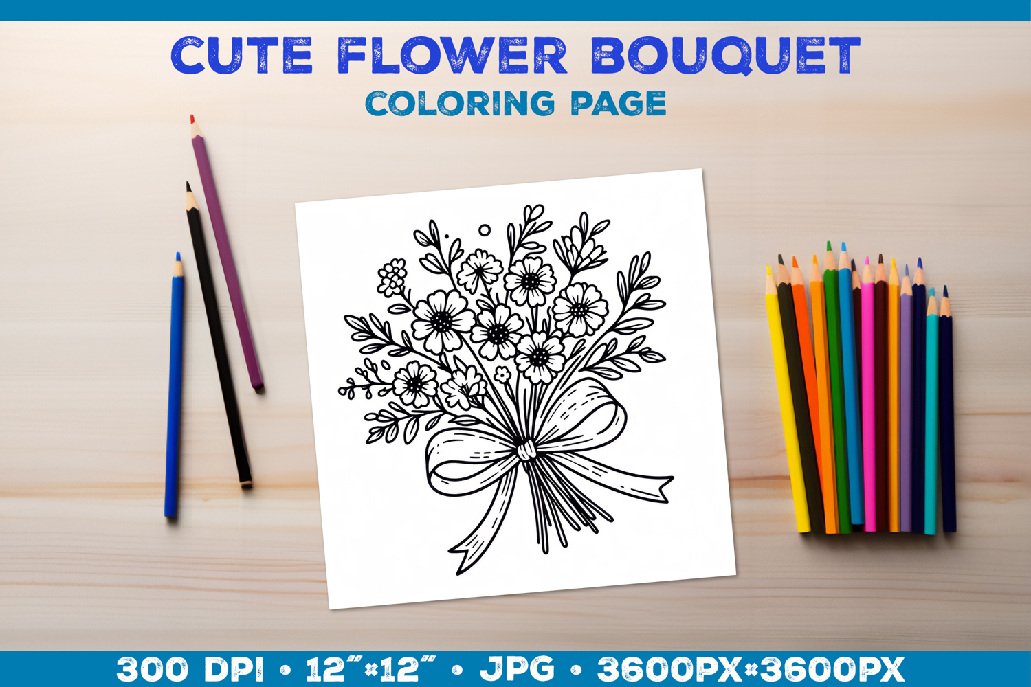 Spring floral bouquet coloring page. Kids coloring book product image 1