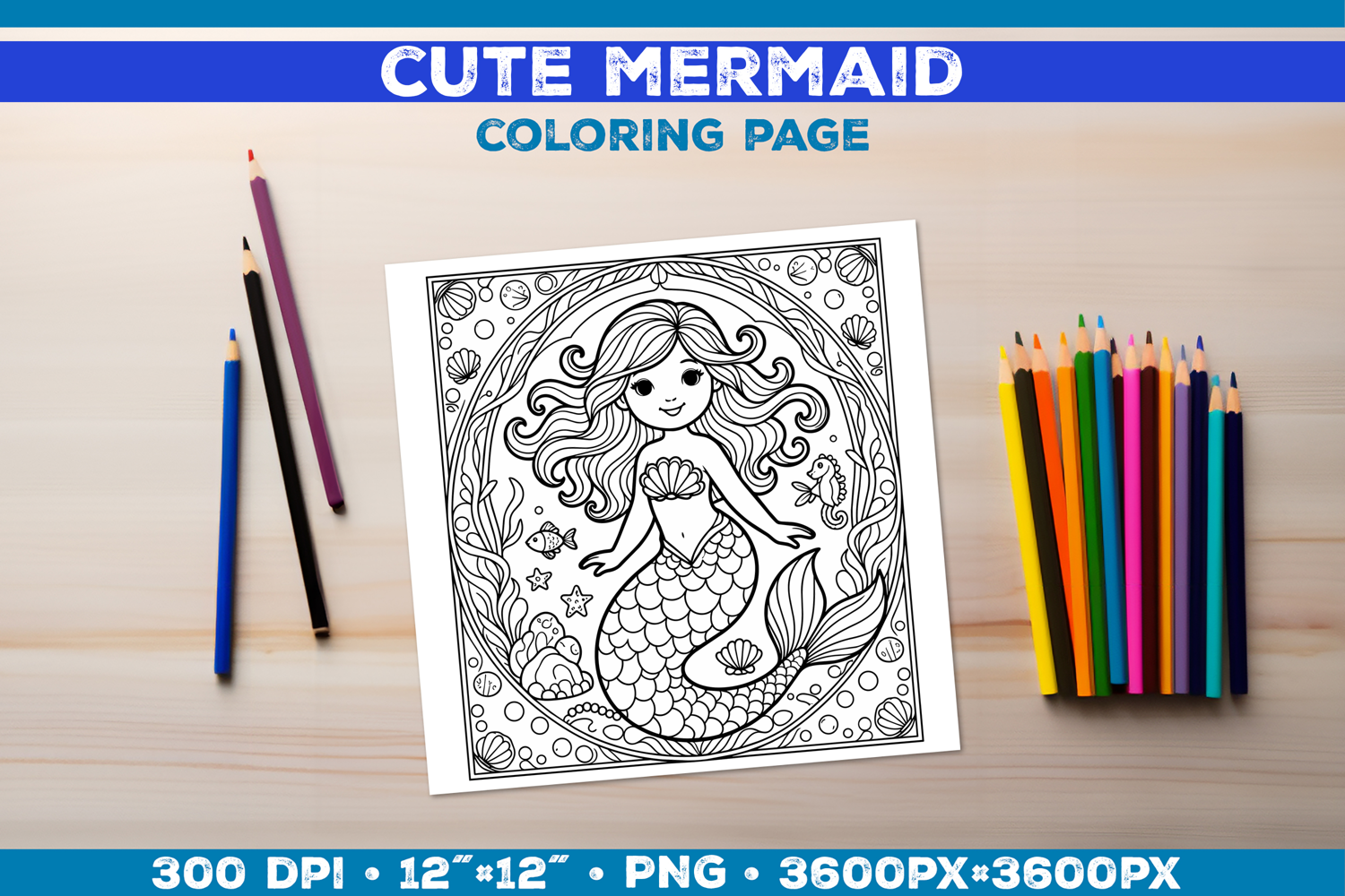 Mermaid Printable Coloring Page. Mermaid Coloring Book product image 1
