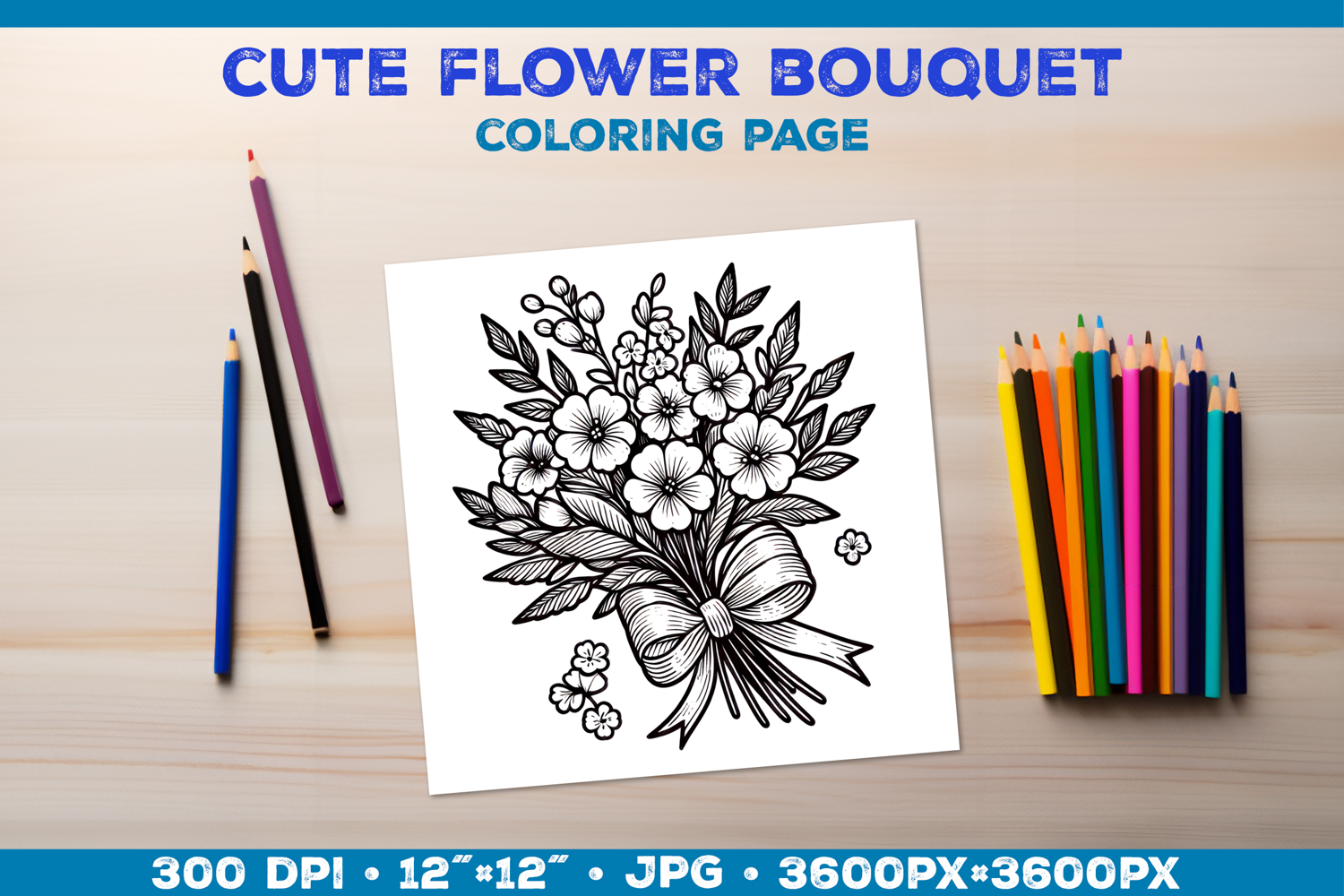 Spring floral bouquet coloring page. Kids coloring book product image 1