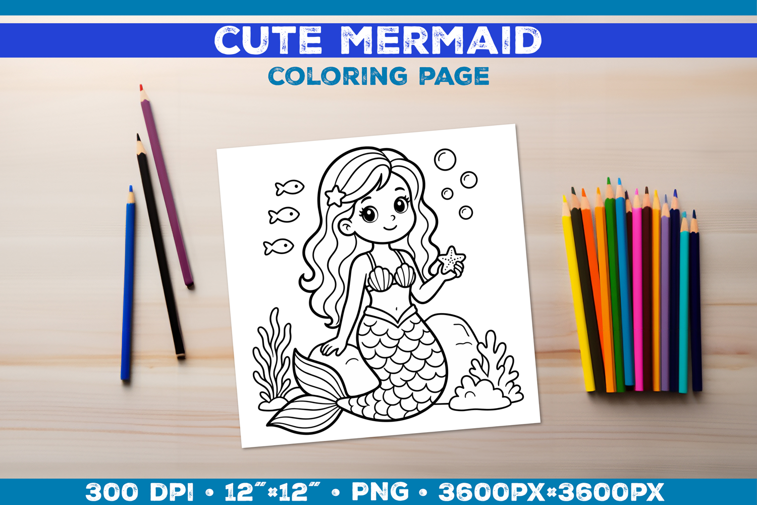 Mermaid Printable Coloring Page. Mermaid Coloring Book product image 1