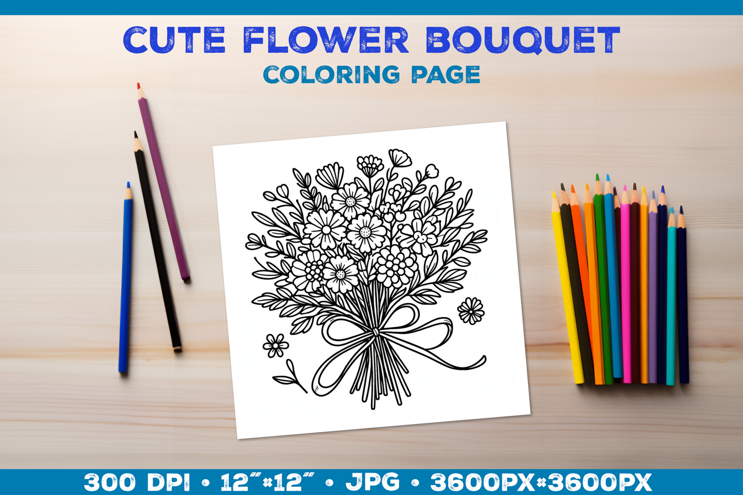 Spring floral bouquet coloring page. Kids coloring book product image 1