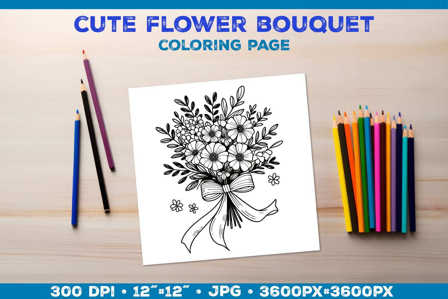 Spring floral bouquet coloring page. Kids coloring book product image 1