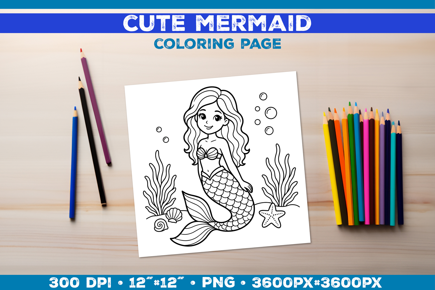 Mermaid Printable Coloring Page. Mermaid Coloring Book product image 1