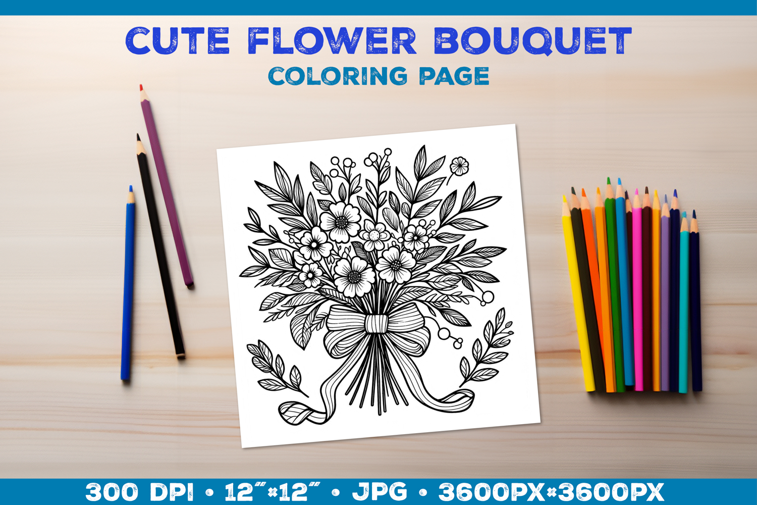 Spring floral bouquet coloring page. Kids coloring book product image 1