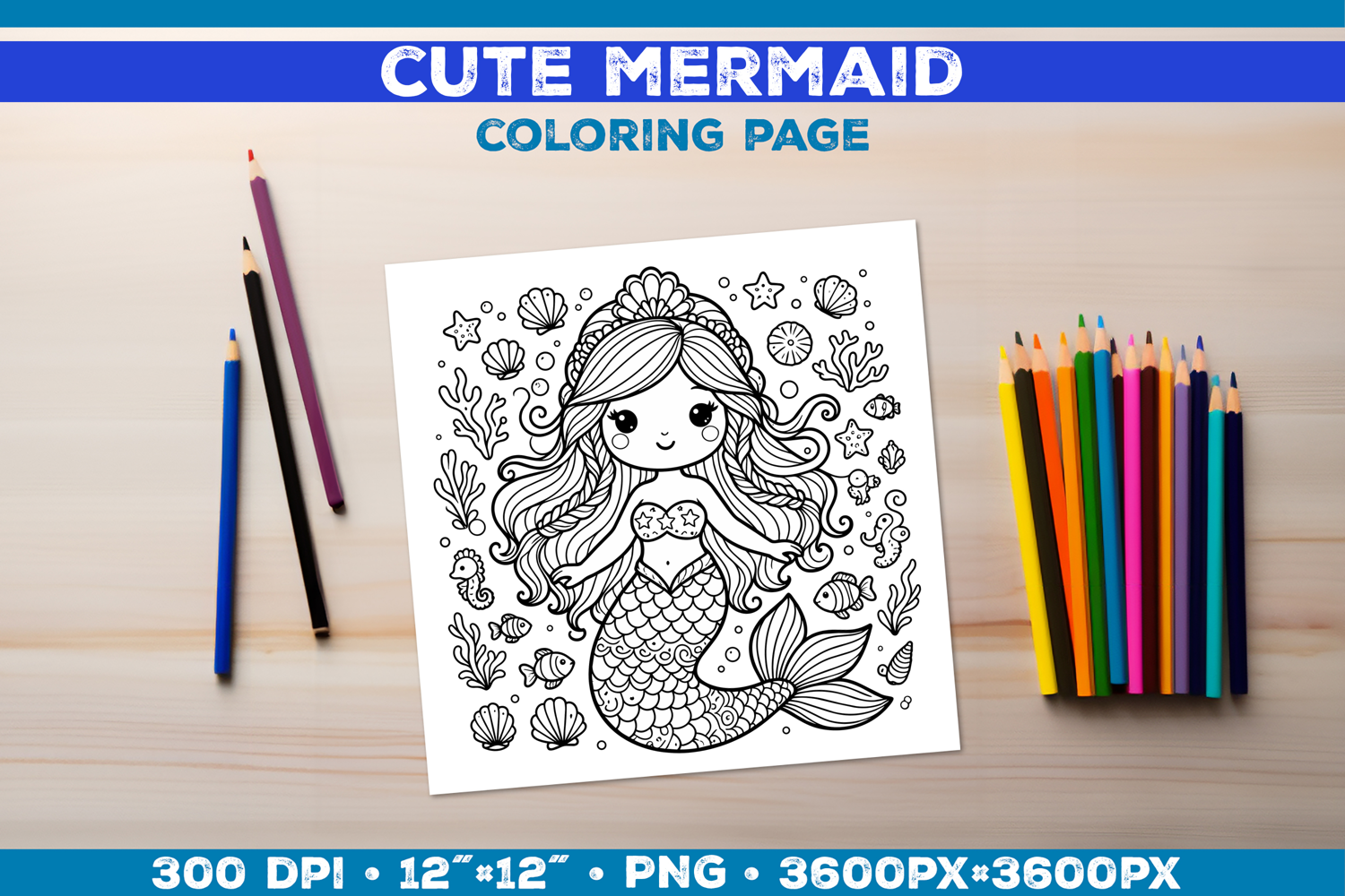 Mermaid Printable Coloring Page. Mermaid Coloring Book product image 1