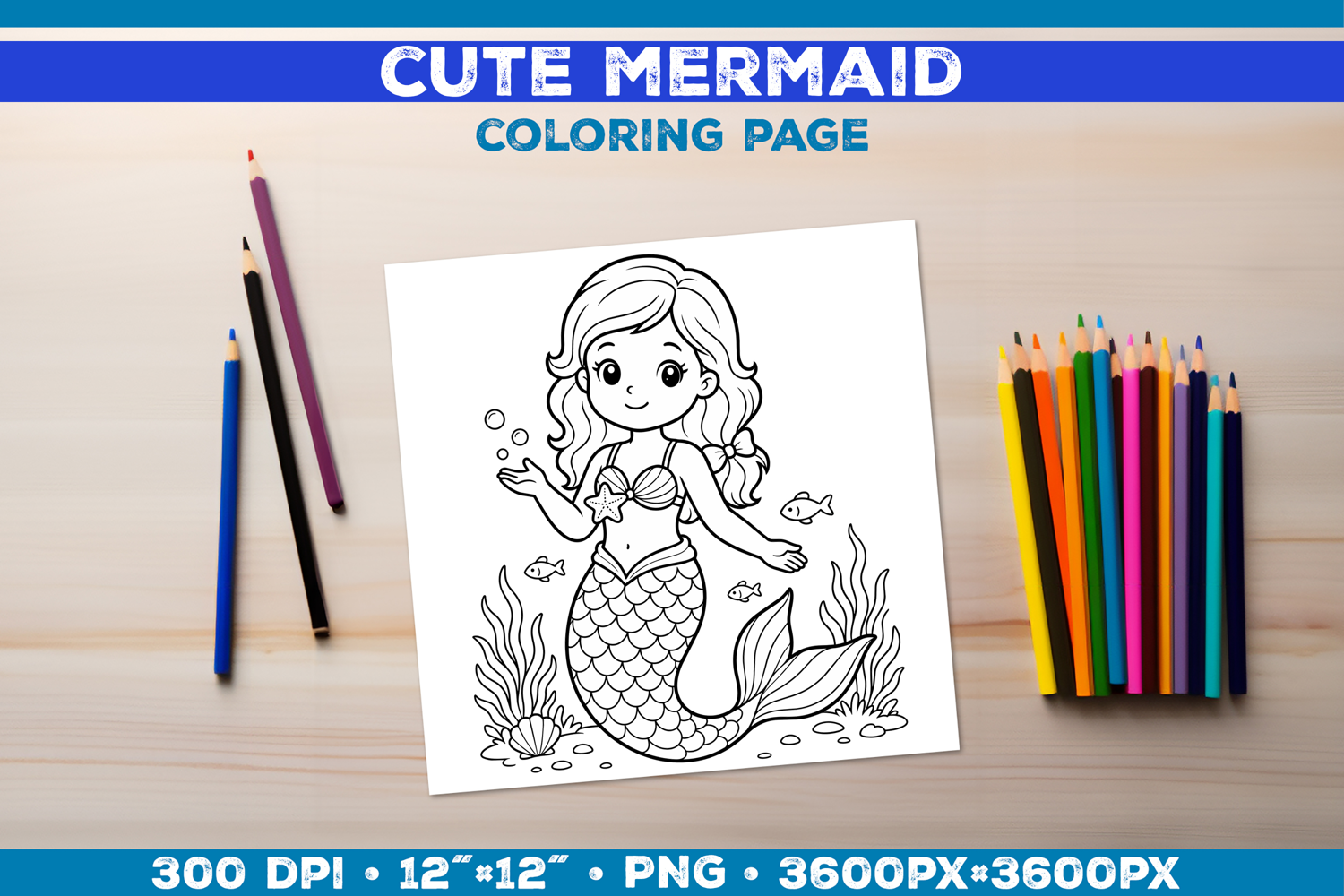 Mermaid Printable Coloring Page. Mermaid Coloring Book product image 1