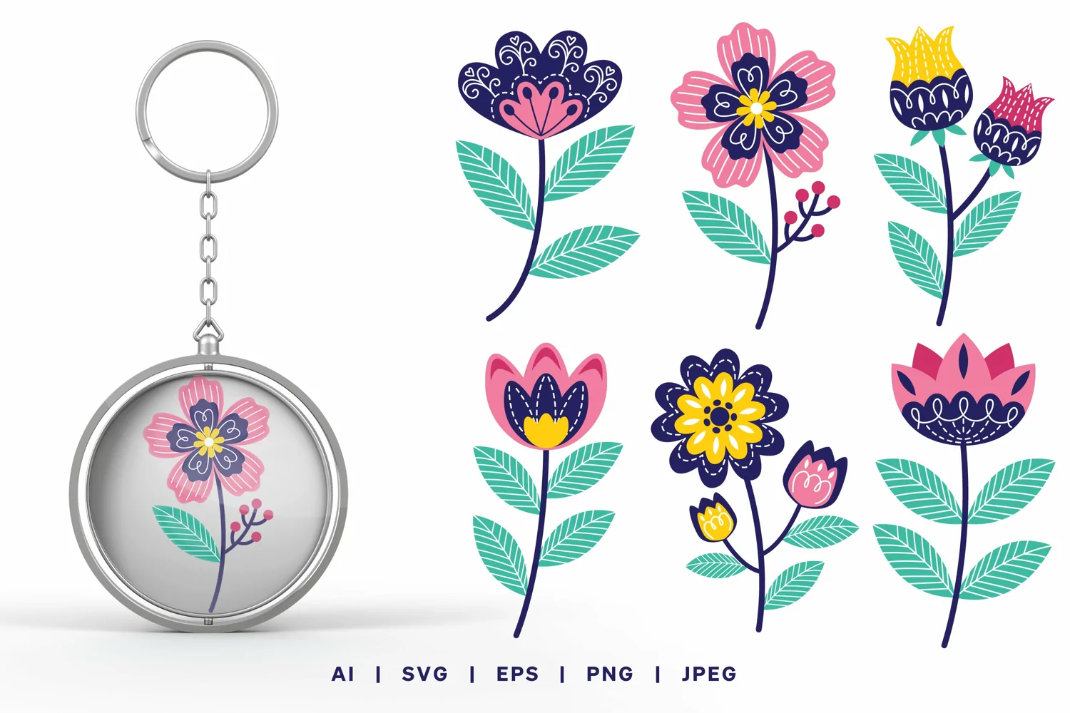 Colorful Flowers and Leaves with Swirls Pattern Design Set product image 1