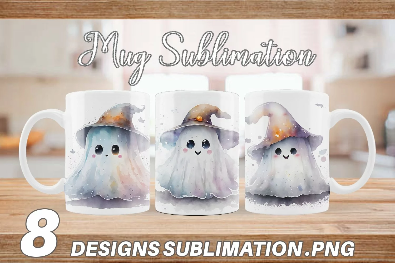 Cute Ghost Watercolor Mug sublimation design product image 1