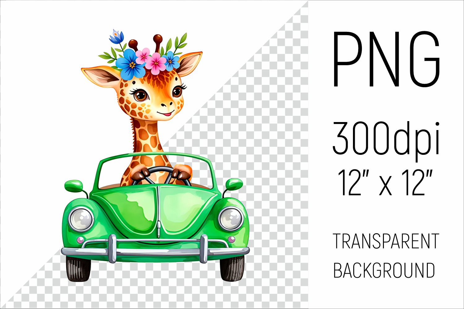 Cute Giraffe driving a vintage car sublimation design. Ideal for sublimation, scrapbooking, invitations, nursery prints, stickers, and more.