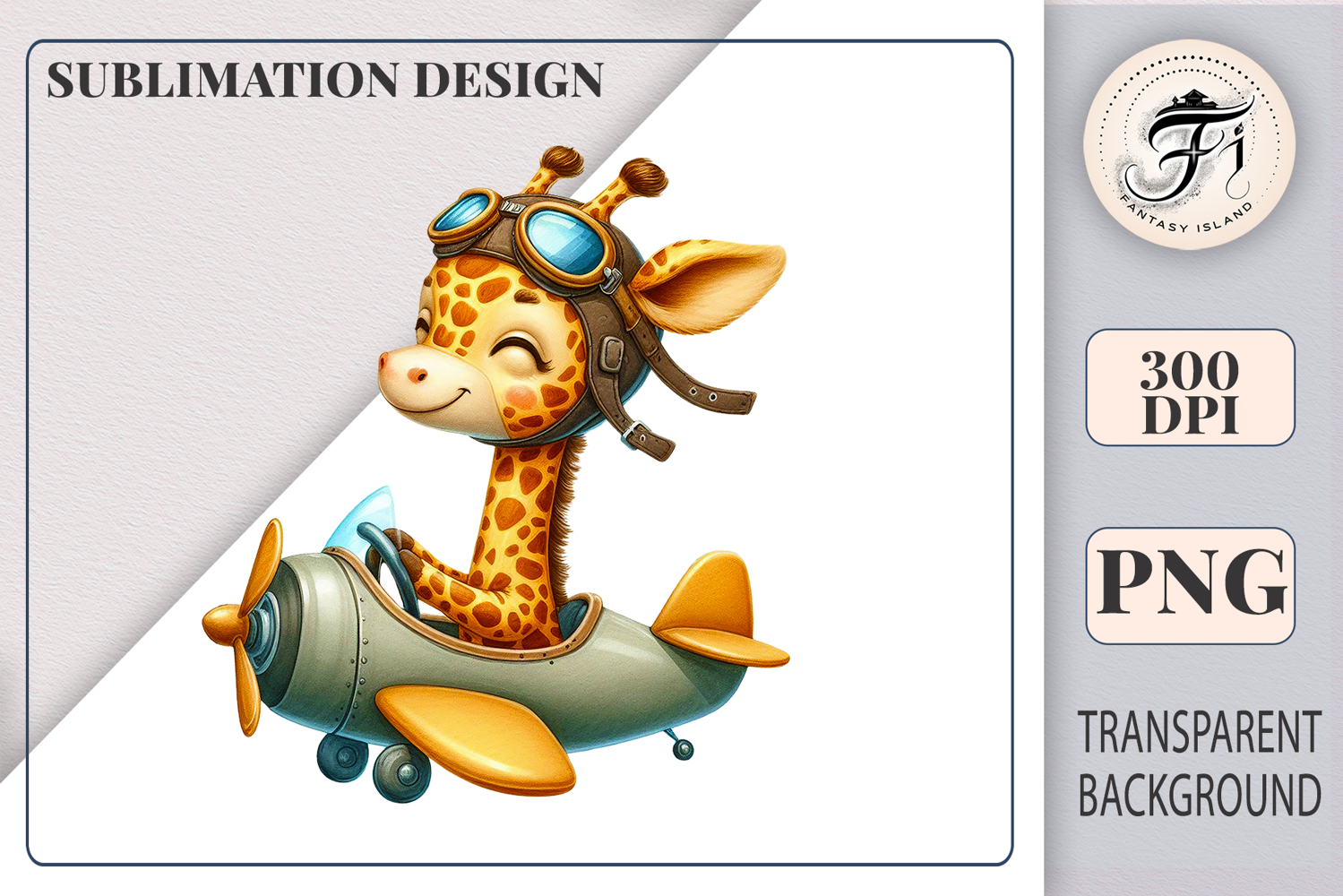 Cute cartoon giraffe pilot flying a vintage yellow and gray airplane, watercolor sublimation clipart for kids, nursery decor, stickers, t-shirts, and greeting cards.