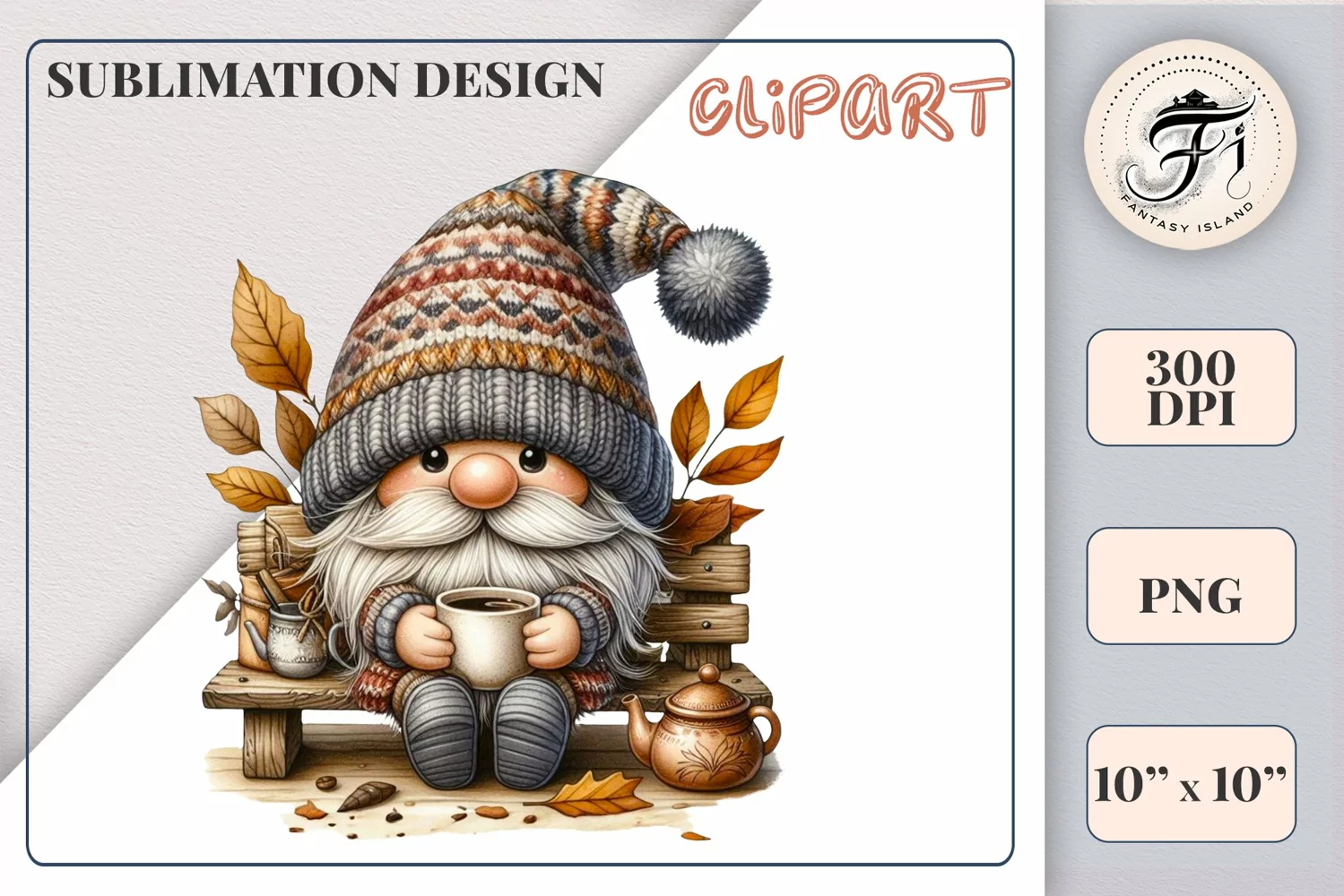 Discover a cozy autumn mood with this cute gnome holding a cup of coffee. Perfect for fall designs, scrapbooking and coffee lovers. PNG with transparent background.