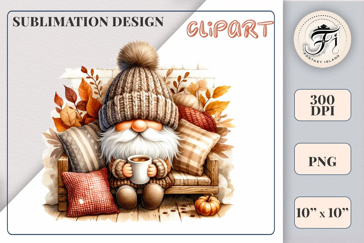 Discover a cozy autumn mood with this cute gnome holding a cup of coffee. Perfect for fall designs, scrapbooking, and coffee lovers. PNG with transparent background.