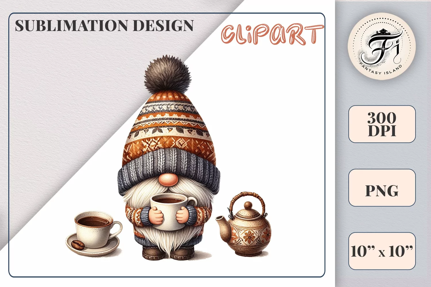 Discover a cozy autumn mood with this cute gnome holding a cup of coffee. Perfect for fall designs, scrapbooking and coffee lovers. PNG with transparent background.