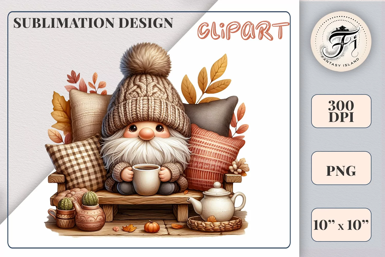 Discover a cozy autumn mood with this cute gnome holding a cup of coffee. Perfect for fall designs, scrapbooking and coffee lovers. PNG with transparent background.