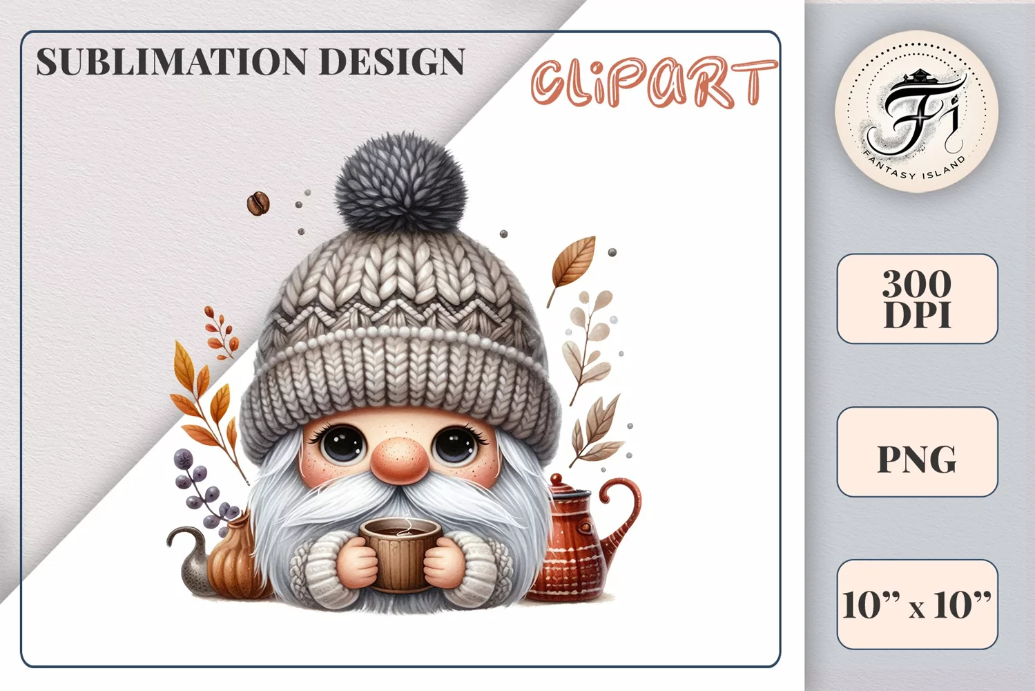 Discover a cozy autumn mood with this cute gnome holding a cup of coffee. Perfect for fall designs, scrapbooking and coffee lovers. PNG with transparent background.