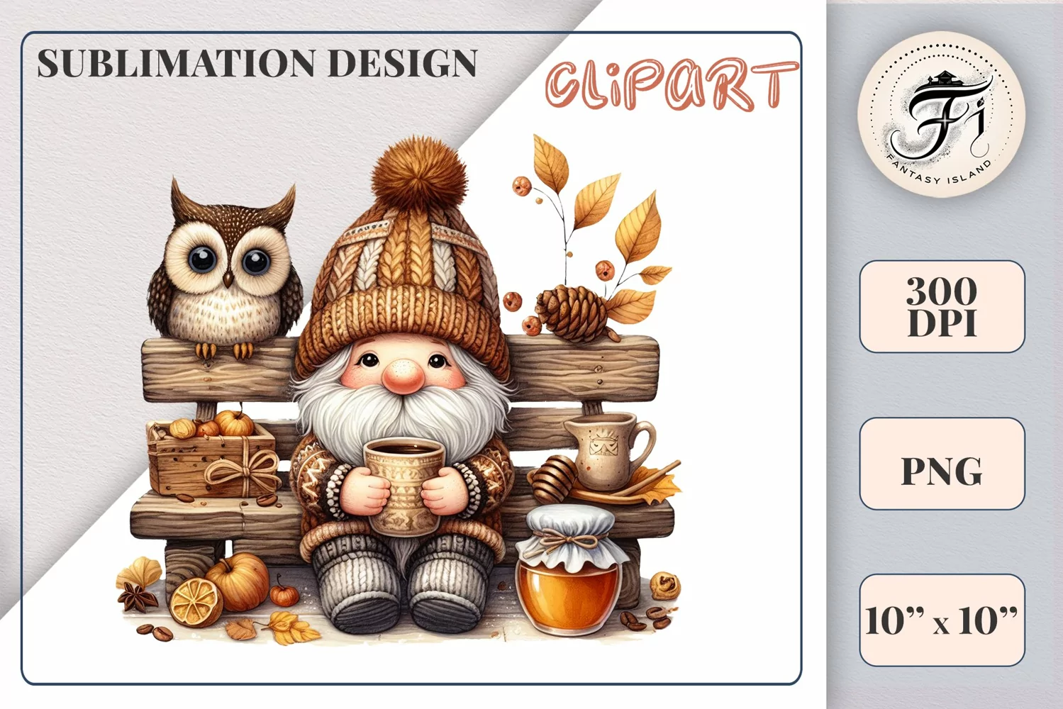 Discover a cozy autumn mood with this cute gnome holding a cup of coffee. Perfect for fall designs, scrapbooking and coffee lovers. PNG with transparent background.