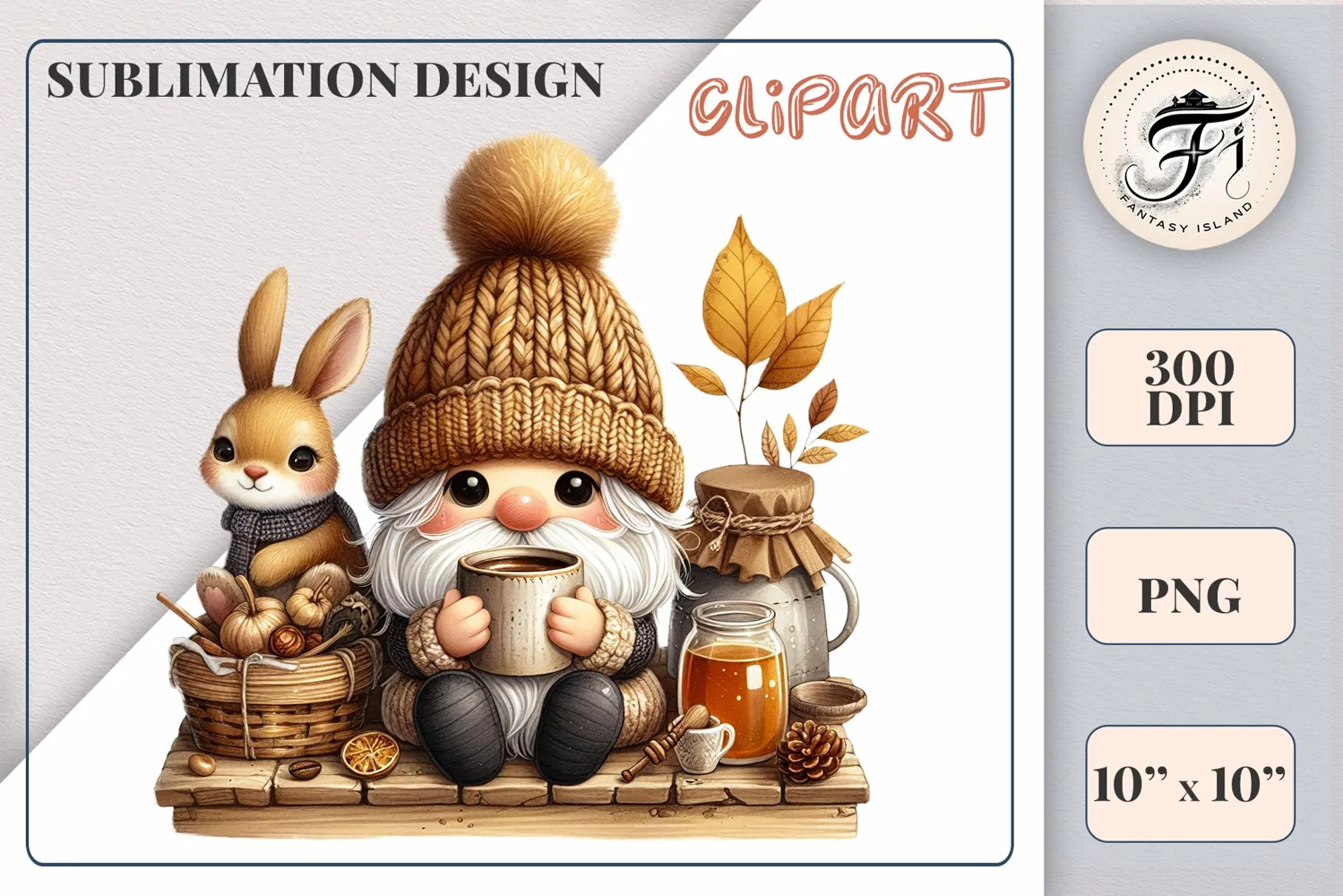 Discover a cozy autumn mood with this cute gnome holding a cup of coffee. Perfect for fall designs, scrapbooking and coffee lovers. PNG with transparent background.