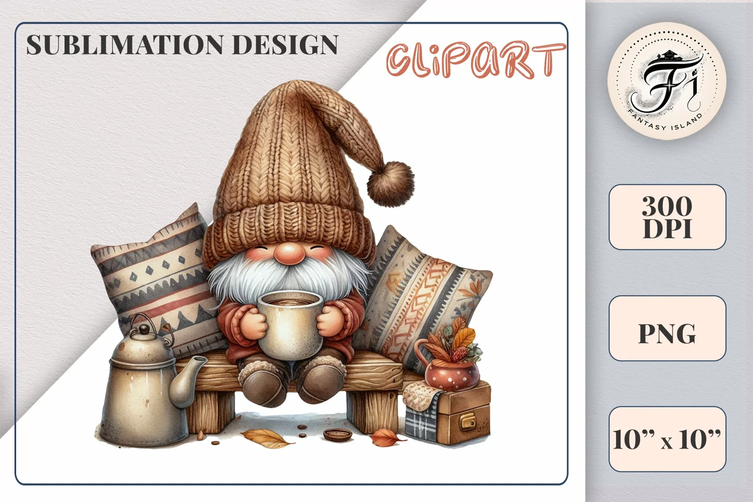 Discover a cozy autumn mood with this cute gnome holding a cup of coffee. Perfect for fall designs, scrapbooking and coffee lovers. PNG with transparent background.