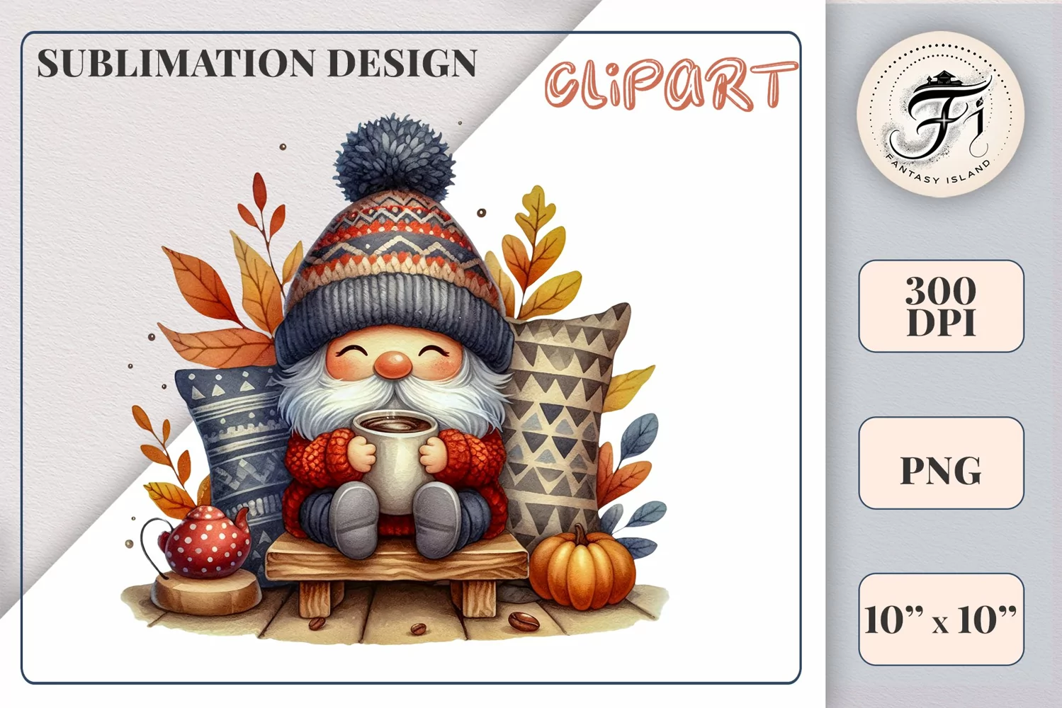 Discover a cozy autumn mood with this cute gnome holding a cup of coffee. Perfect for fall designs, scrapbooking and coffee lovers. PNG with transparent background.