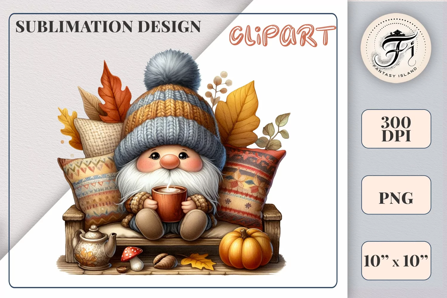 Discover a cozy autumn mood with this cute gnome holding a cup of coffee. Perfect for fall designs, scrapbooking and coffee lovers. PNG with transparent background.