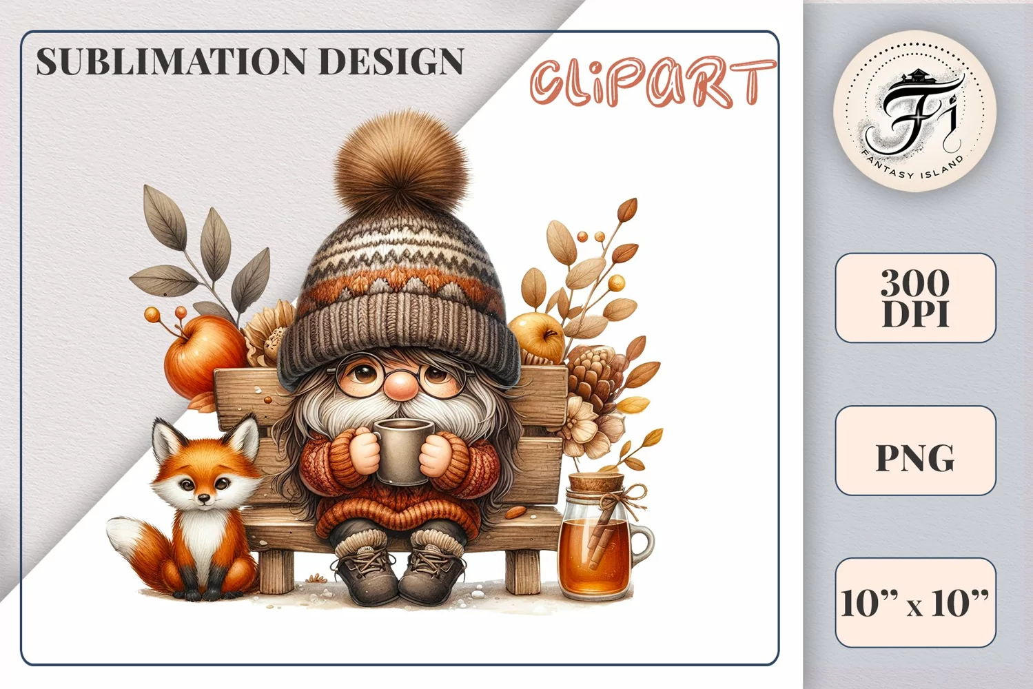 Discover a cozy autumn mood with this cute gnome holding a cup of coffee. Perfect for fall designs, scrapbooking and coffee lovers. PNG with transparent background.