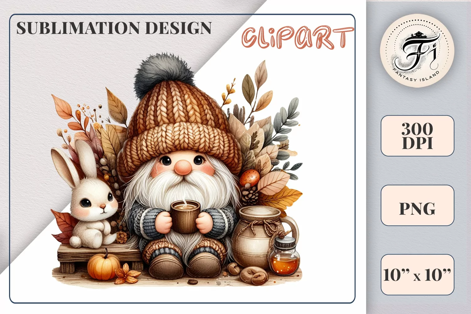Discover a cozy autumn mood with this cute gnome holding a cup of coffee. Perfect for fall designs, scrapbooking and coffee lovers. PNG with transparent background.
