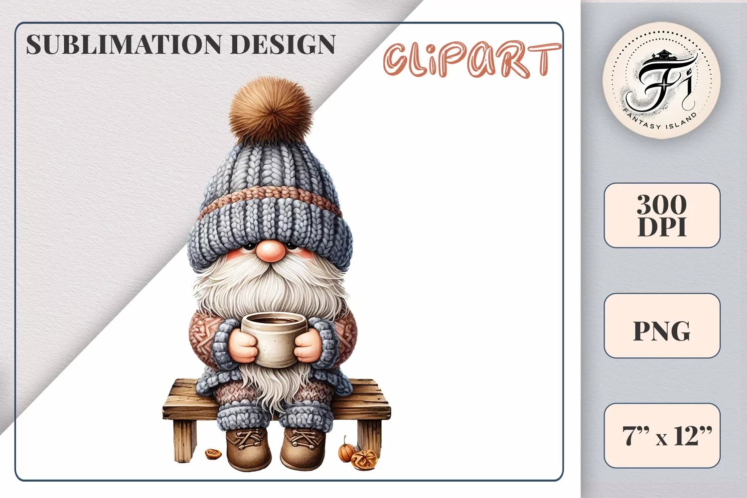 Discover a cozy autumn mood with this cute gnome holding a cup of coffee. Perfect for fall designs, scrapbooking and coffee lovers. PNG with transparent background.