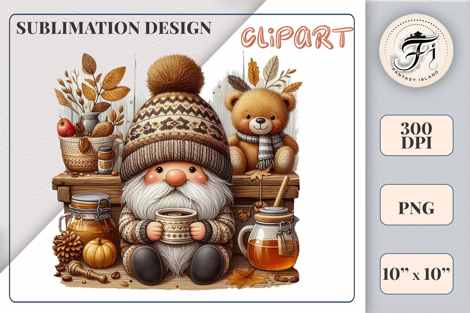 Discover a cozy autumn mood with this cute gnome holding a cup of coffee. Perfect for fall designs, scrapbooking and coffee lovers. PNG with transparent background.