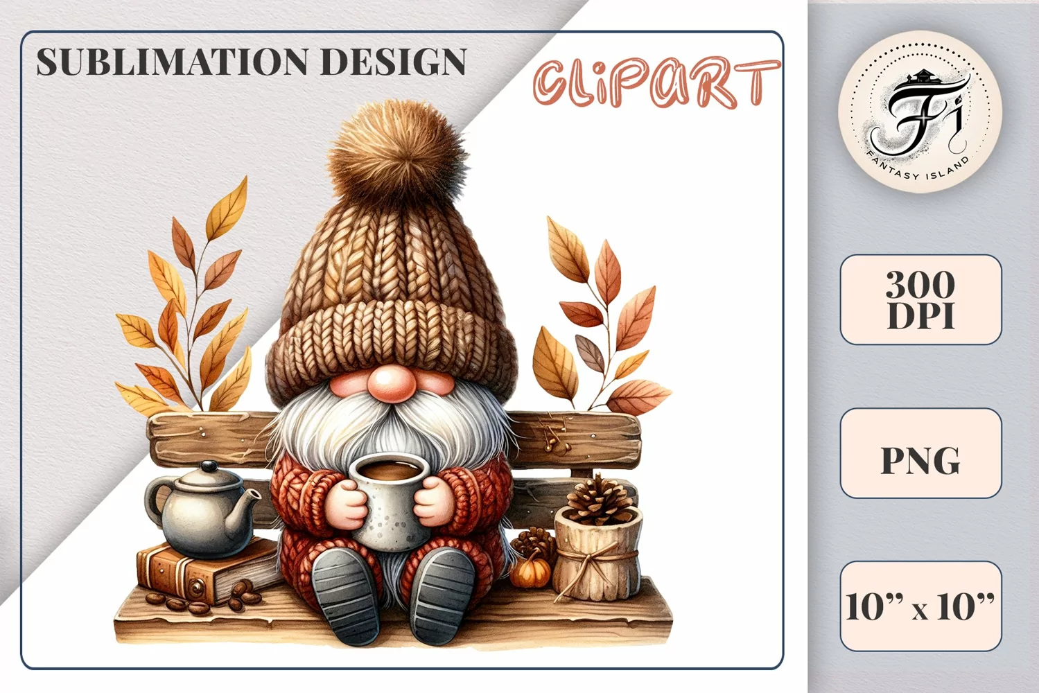 Discover a cozy autumn mood with this cute gnome holding a cup of coffee. Perfect for fall designs, scrapbooking, and coffee lovers. PNG with transparent background.