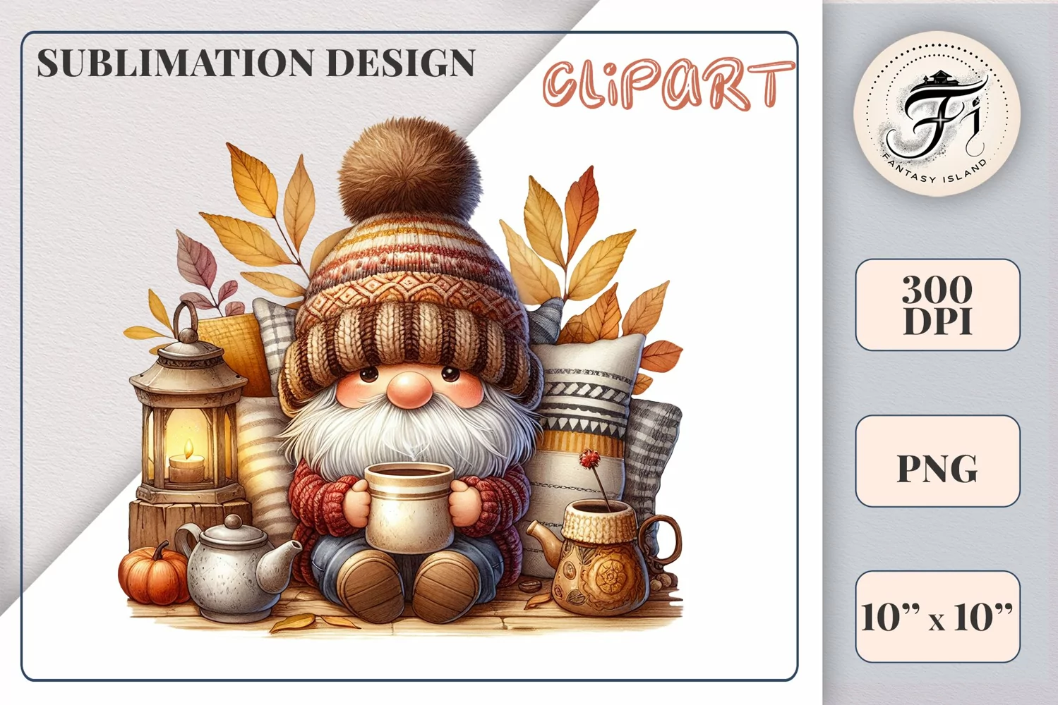 Discover a cozy autumn mood with this cute gnome holding a cup of coffee. Perfect for fall designs, scrapbooking and coffee lovers. PNG with transparent background.