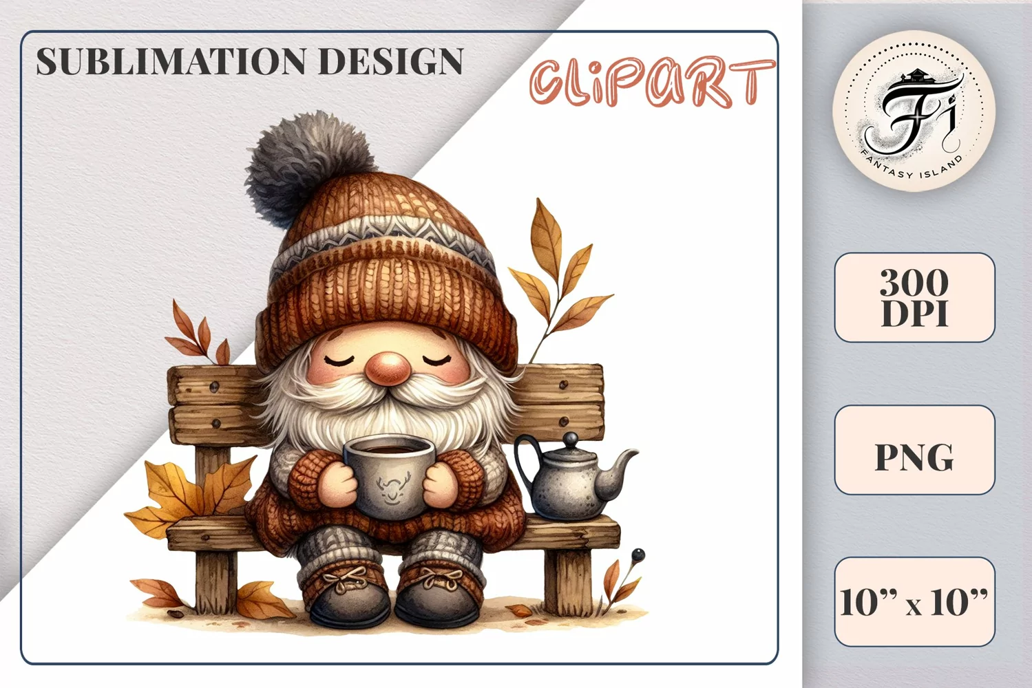 Discover a cozy autumn mood with this cute gnome holding a cup of coffee. Perfect for fall designs, scrapbooking, and coffee lovers. PNG with transparent background.