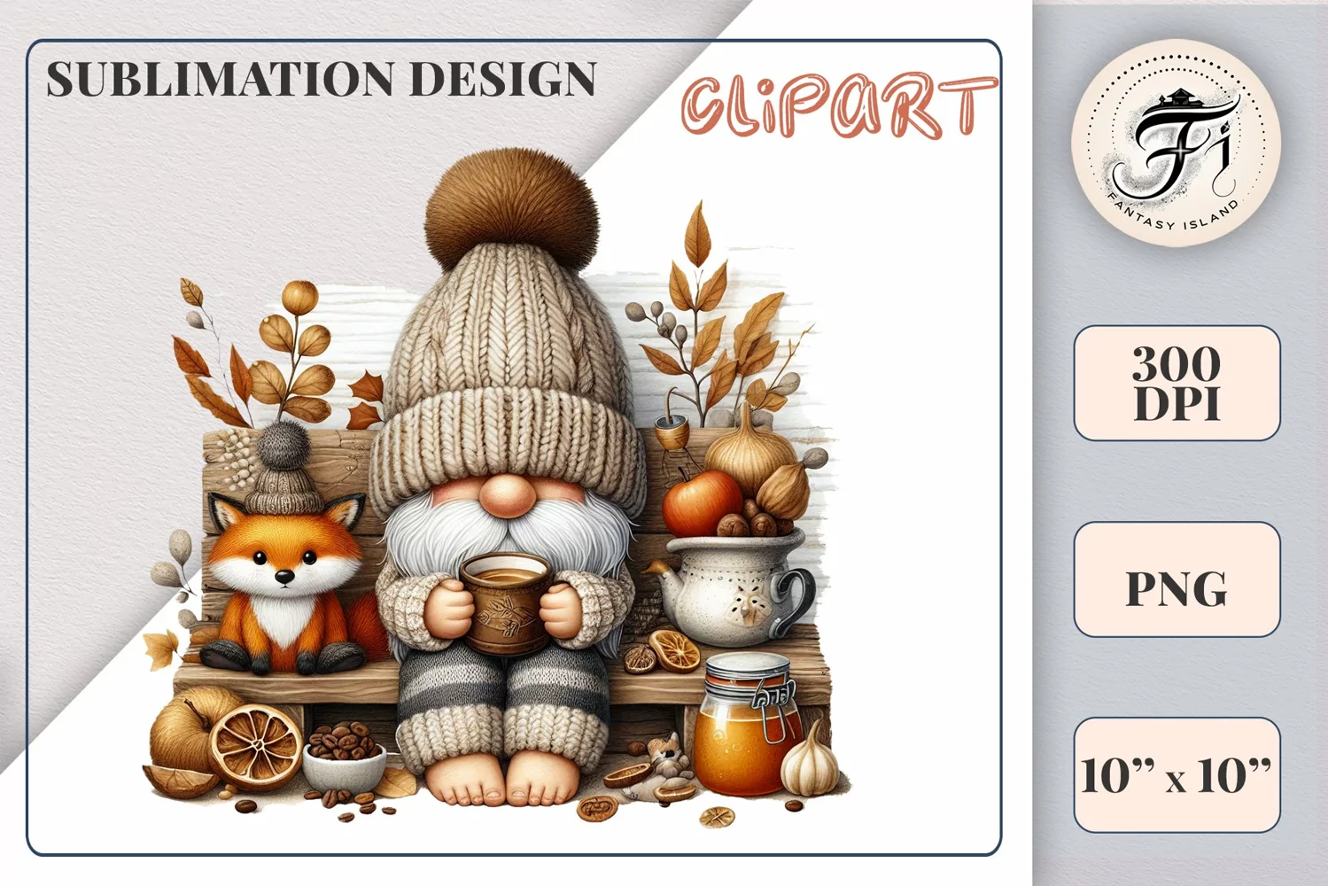 Discover a cozy autumn mood with this cute gnome holding a cup of coffee. Perfect for fall designs, scrapbooking and coffee lovers. PNG with transparent background.