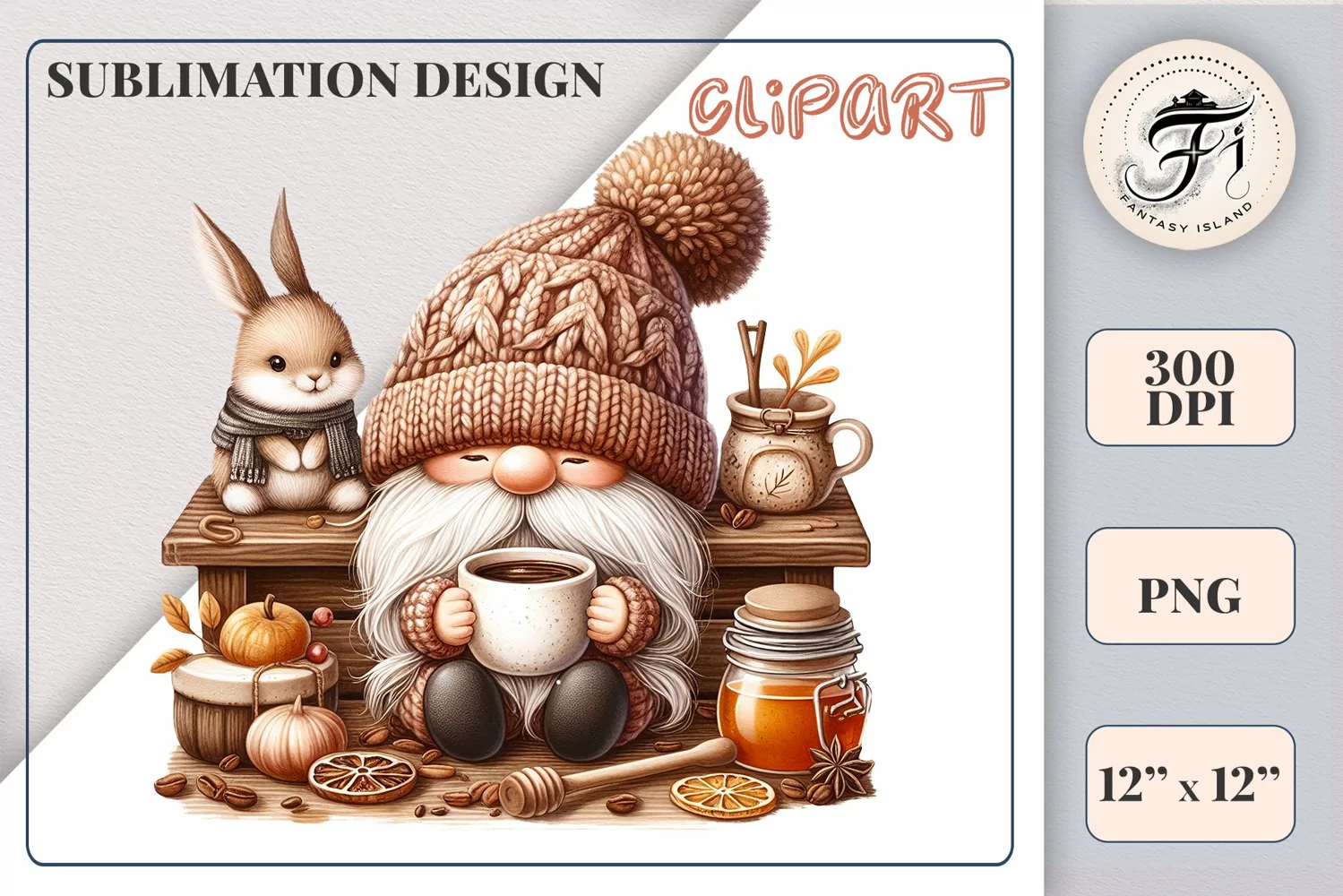 Discover a cozy autumn mood with this cute gnome holding a cup of coffee. Perfect for fall designs, scrapbooking and coffee lovers. PNG with transparent background.
