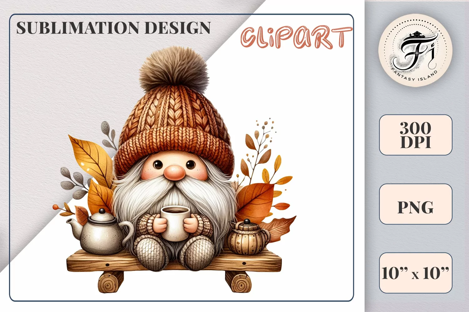 Discover a cozy autumn mood with this cute gnome holding a cup of coffee. Perfect for fall designs, scrapbooking and coffee lovers. PNG with transparent background.