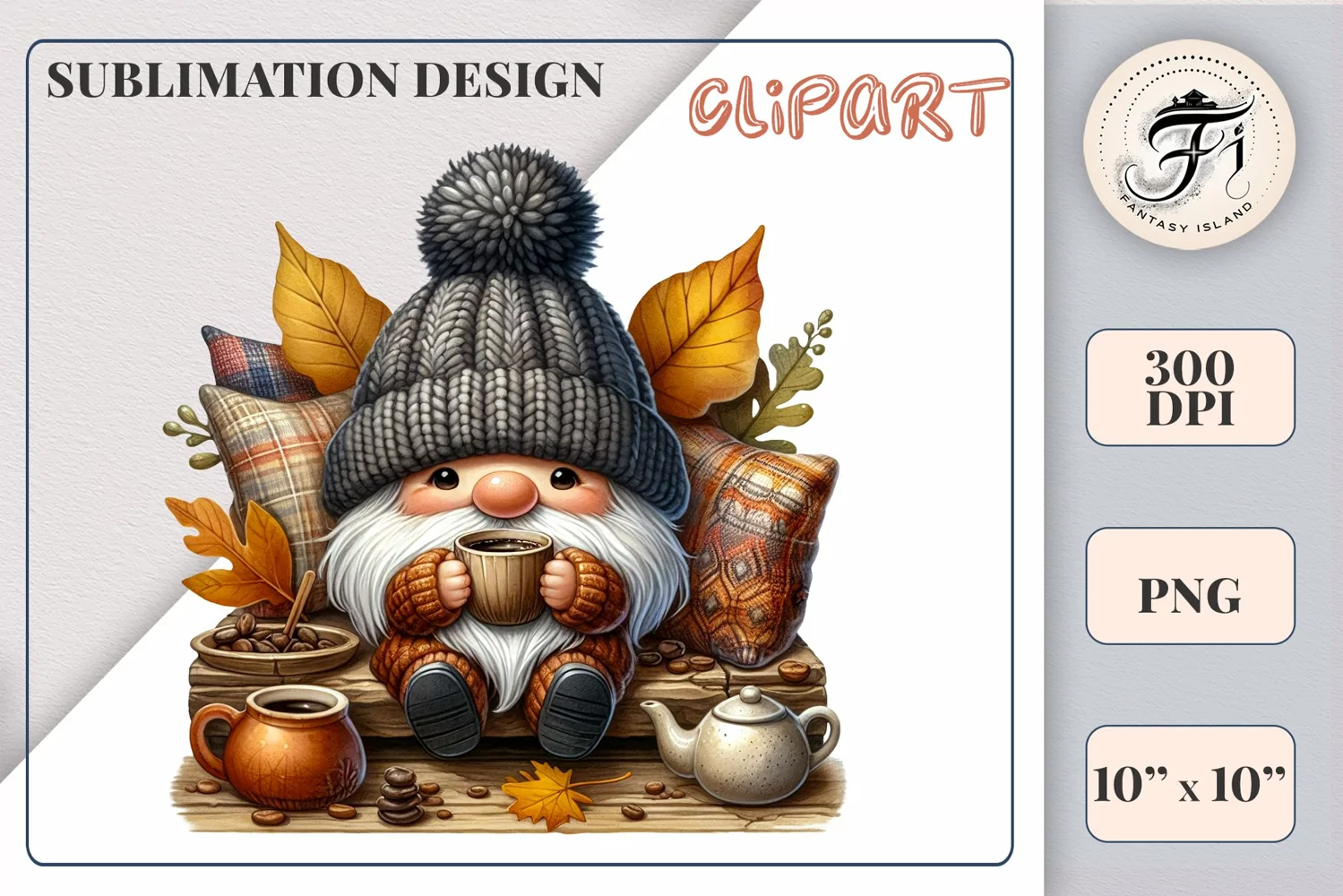 Discover a cozy autumn mood with this cute gnome holding a cup of coffee. Perfect for fall designs, scrapbooking and coffee lovers. PNG with transparent background.