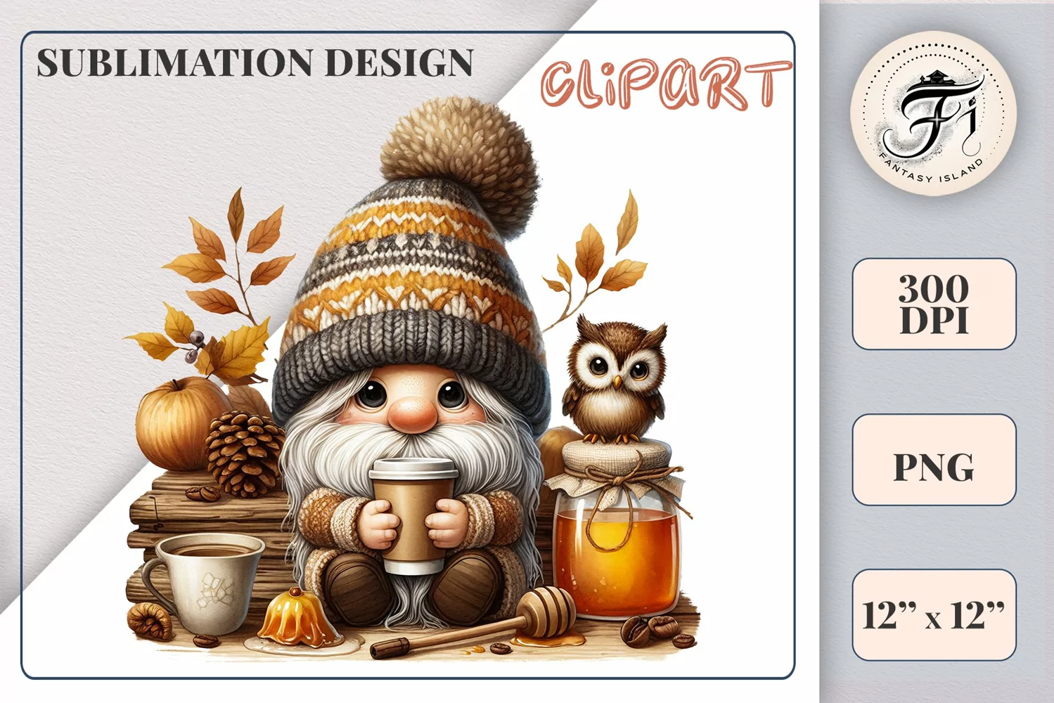 Discover a cozy autumn mood with this cute gnome holding a cup of coffee. Perfect for fall designs, scrapbooking and coffee lovers. PNG with transparent background.