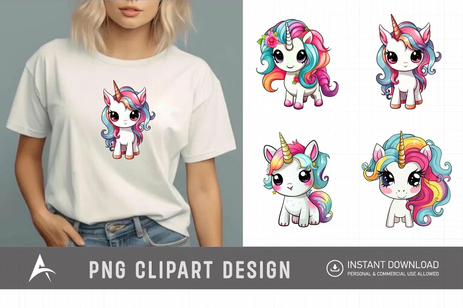 Watercolor Cute Kawaii Unicorn Clipart product image 1