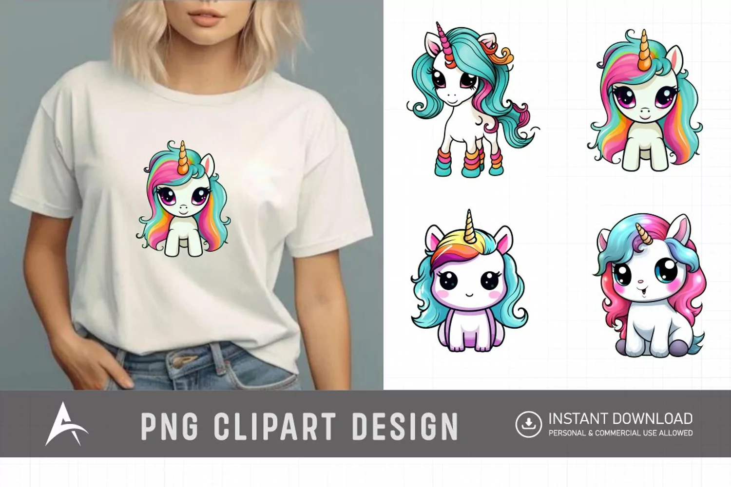 Watercolor Cute Kawaii Unicorn Clipart product image 1