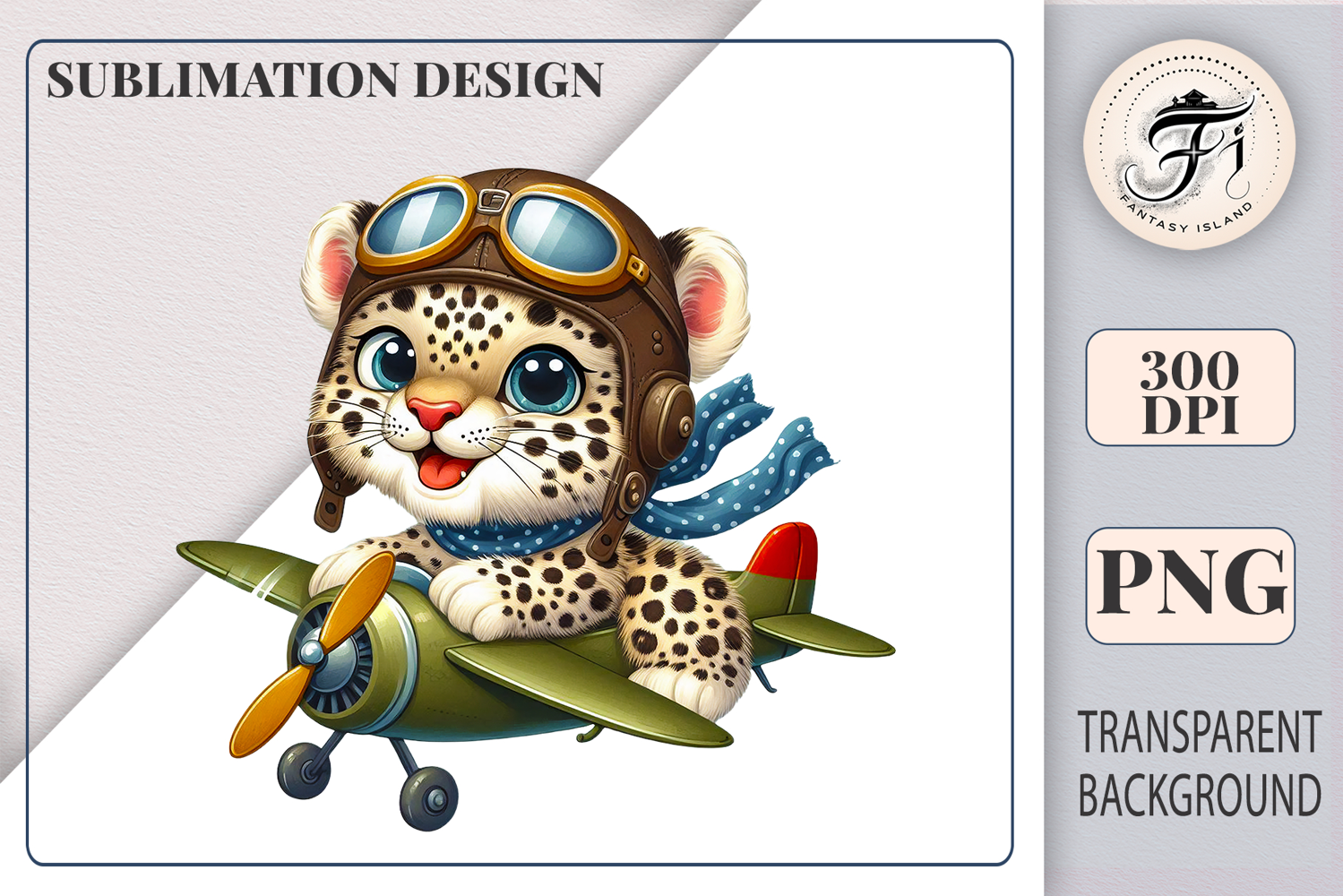 Cute cartoon leopard pilot flying a vintage airplane, watercolor sublimation clipart for kids, nursery decor, stickers, t-shirts, and greeting cards.