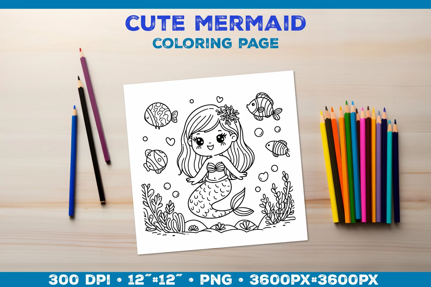 Mermaid Printable Coloring Page. Mermaid Coloring Book product image 1