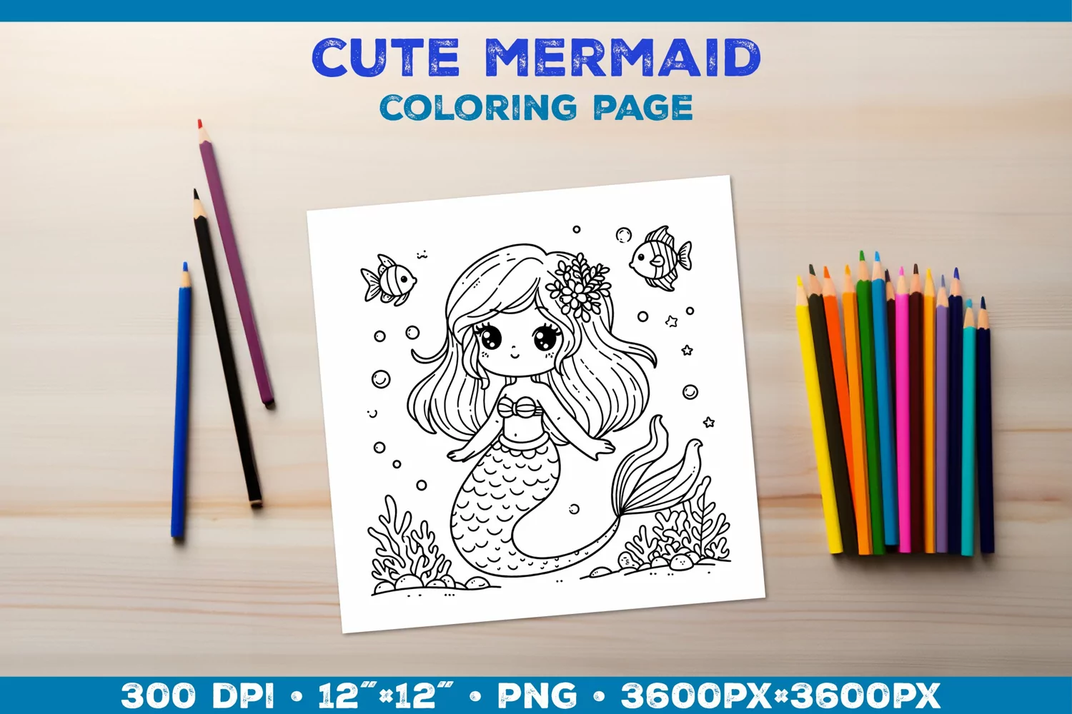 Mermaid Printable Coloring Page. Mermaid Coloring Book product image 1