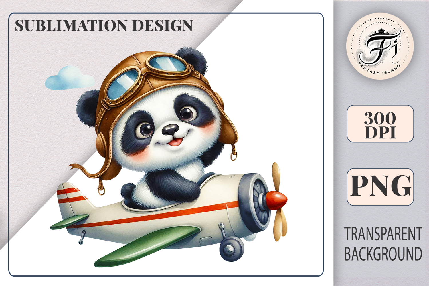Cute cartoon panda pilot flying a vintage airplane, watercolor sublimation clipart for kids, nursery decor, stickers, t-shirts, and greeting cards.