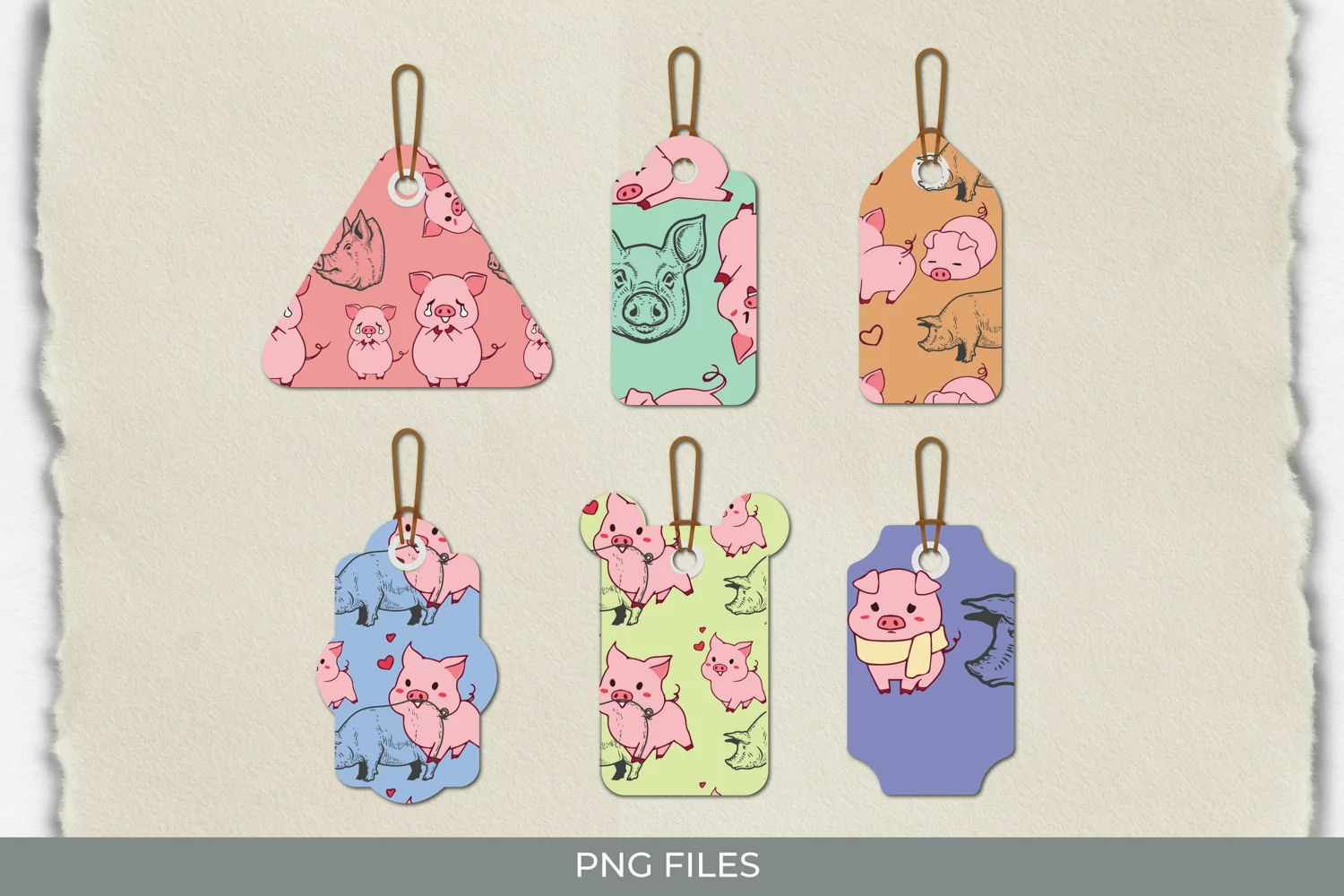 Cute Pig with Vintage Color Seamless Pattern Shaped Tags product image 1