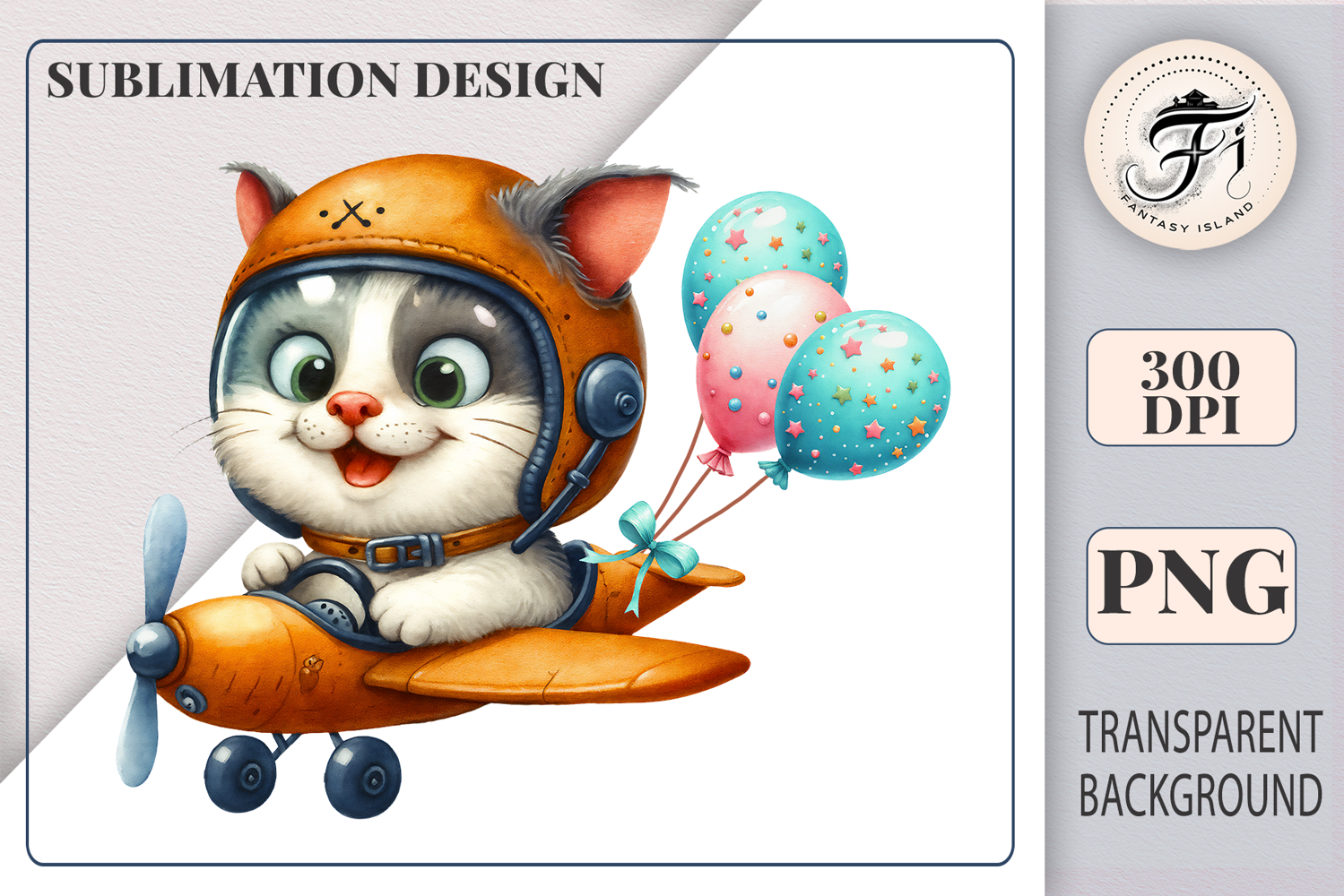 Cute watercolor clipart of a pilot kitten flying an airplane with balloons and stars – perfect for sublimation, kids party decor, greeting cards, nursery prints, and playful printable designs.