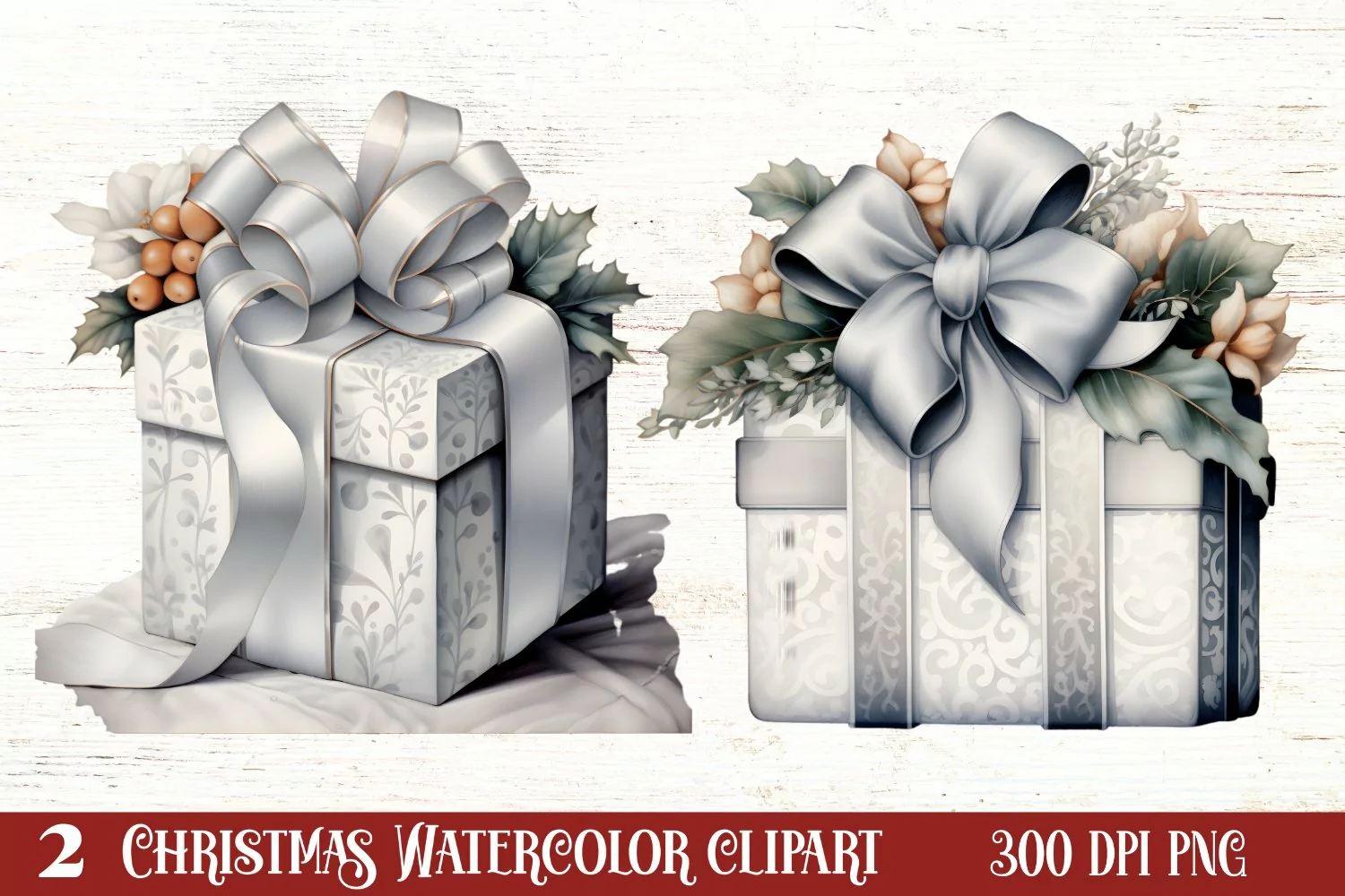 Cute Silver Christmas Watercolor Clipart, Christmas SVG product image 1